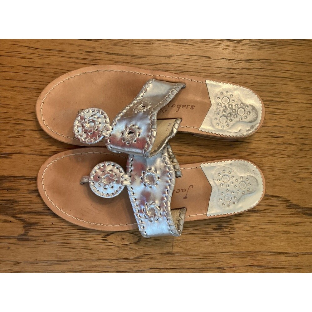 Jack Rogers Women’s Silver Metallic Leather Slide Sandals Slip-On US 9